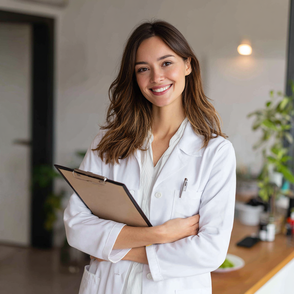 Smiling middle-aged Uzbek woman preparing healthy meal ingredients in a modern kitchen, wearing casual clothes and displaying fresh vegetables and grains